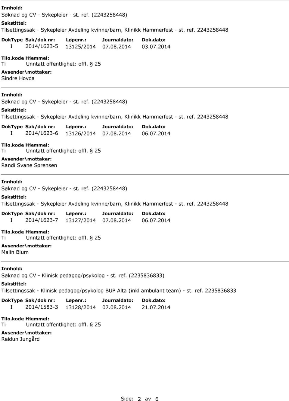 2014 nnhold: lsettingssak - Sykepleier Avdeling kvinne/barn, Klinikk Hammerfest - st. ref. 2243258448 2014/1623-7 13127/2014 Malin Blum 06.07.