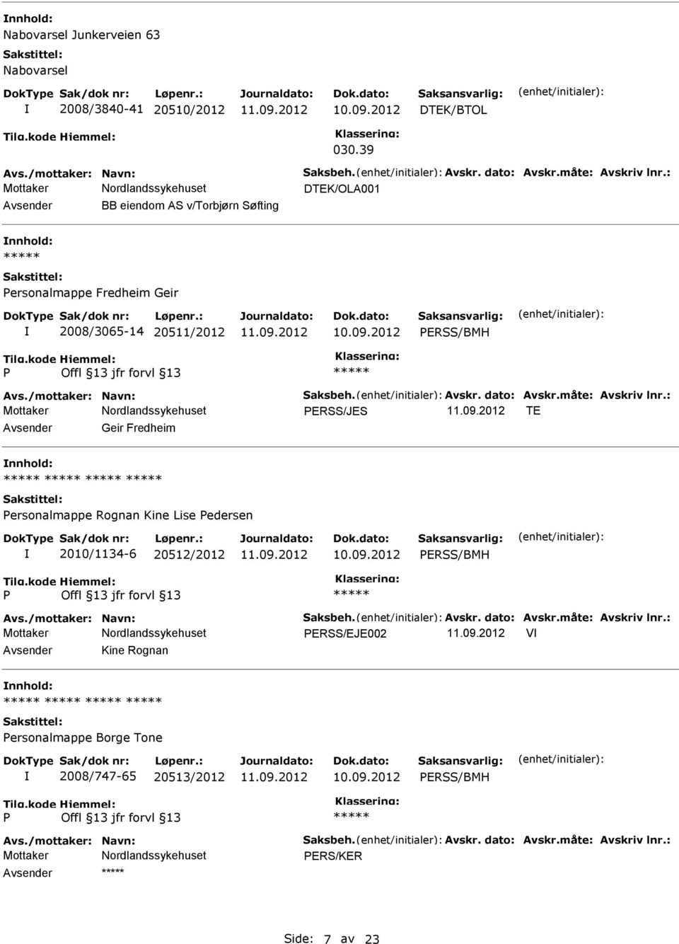 20511/2012 ERSS/BMH ERSS/JES TE Geir Fredheim nnhold: ersonalmappe Rognan Kine Lise edersen 2010/1134-6