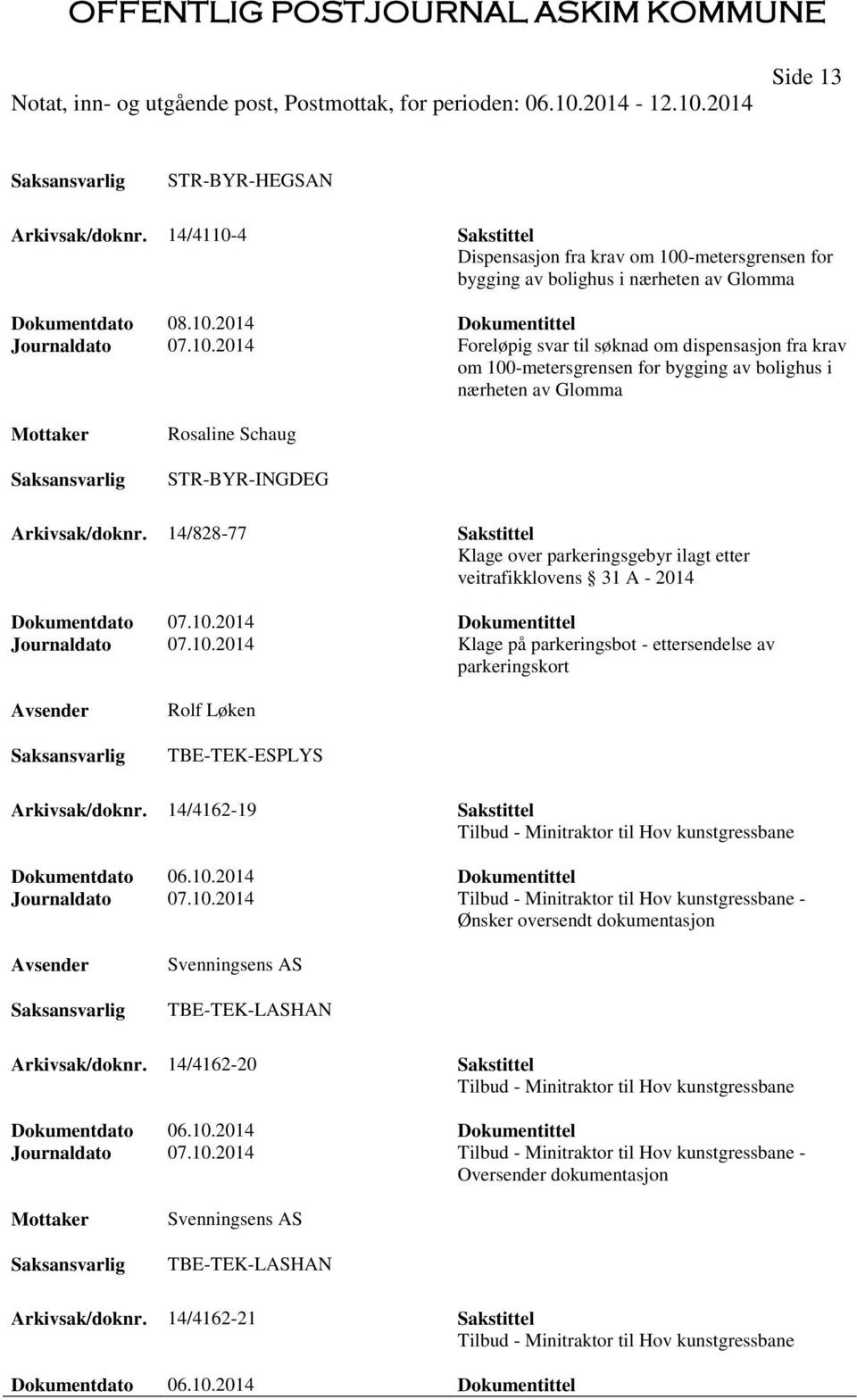 14/828-77 Sakstittel Klage over parkeringsgebyr ilagt etter veitrafikklovens 31 A - 2014 Dokumentdato 07.10.
