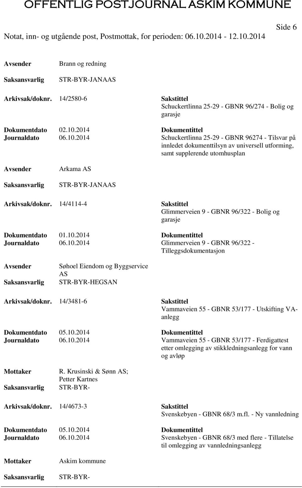 2014 Schuckertlinna 25-29 - GBNR 96274 - Tilsvar på innledet dokumenttilsyn av universell utforming, samt supplerende utomhusplan Arkama AS STR-BYR-JANAAS Arkivsak/doknr.
