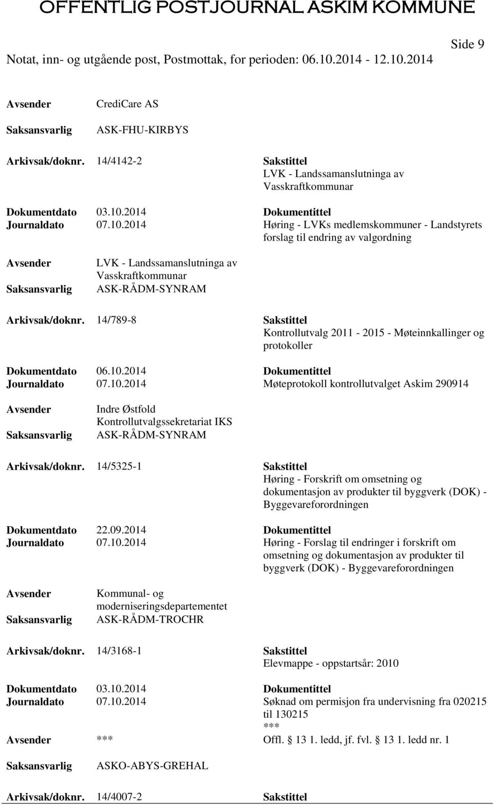 14/789-8 Sakstittel Kontrollutvalg 2011-2015 - Møteinnkallinger og protokoller Journaldato 07.10.