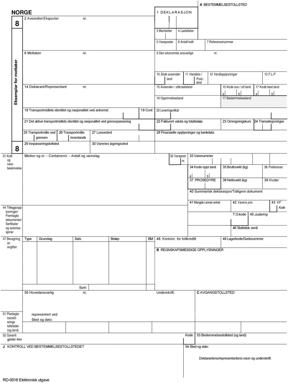 16 Opprinnelses 17 Bestemmelses 18 Transportmidlets identitet nasjonalitet ved ankomst 19 Cont 20 Leveringsvilkår 21 Det aktive transportmidlets identitet nasjonalitet ved grensepassering 22