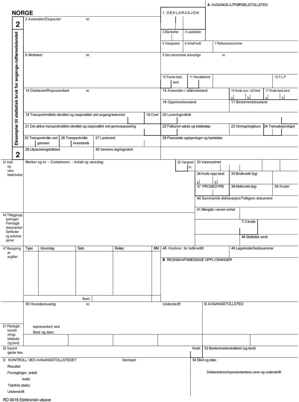 Fakturert valuta totalbeløp 23 Omregningskurs 24 Transaksjonstype 2 25 Transportmåte ved 26 Transportmåte 27 Lastested 28 Finansielle opplysninger bankdata grensen innens 29 Utpasseringstollsted 30