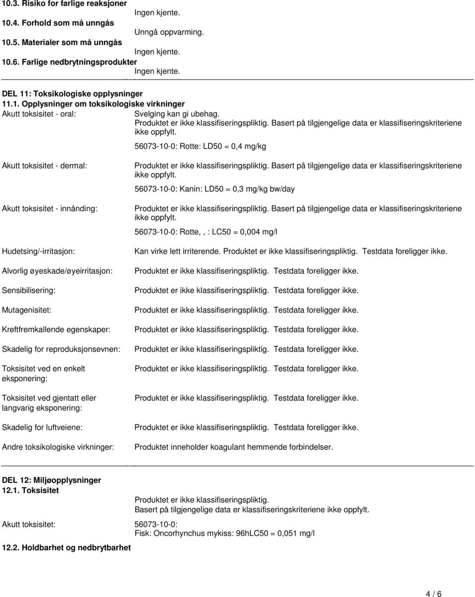 klassifiseringskriteriene ikke oppfylt 56073-10-0: Rotte: LD50 = 0,4 mg/kg Akutt toksisitet - dermal: Akutt toksisitet - innånding: Hudetsing/-irritasjon: Alvorlig øyeskade/øyeirritasjon: