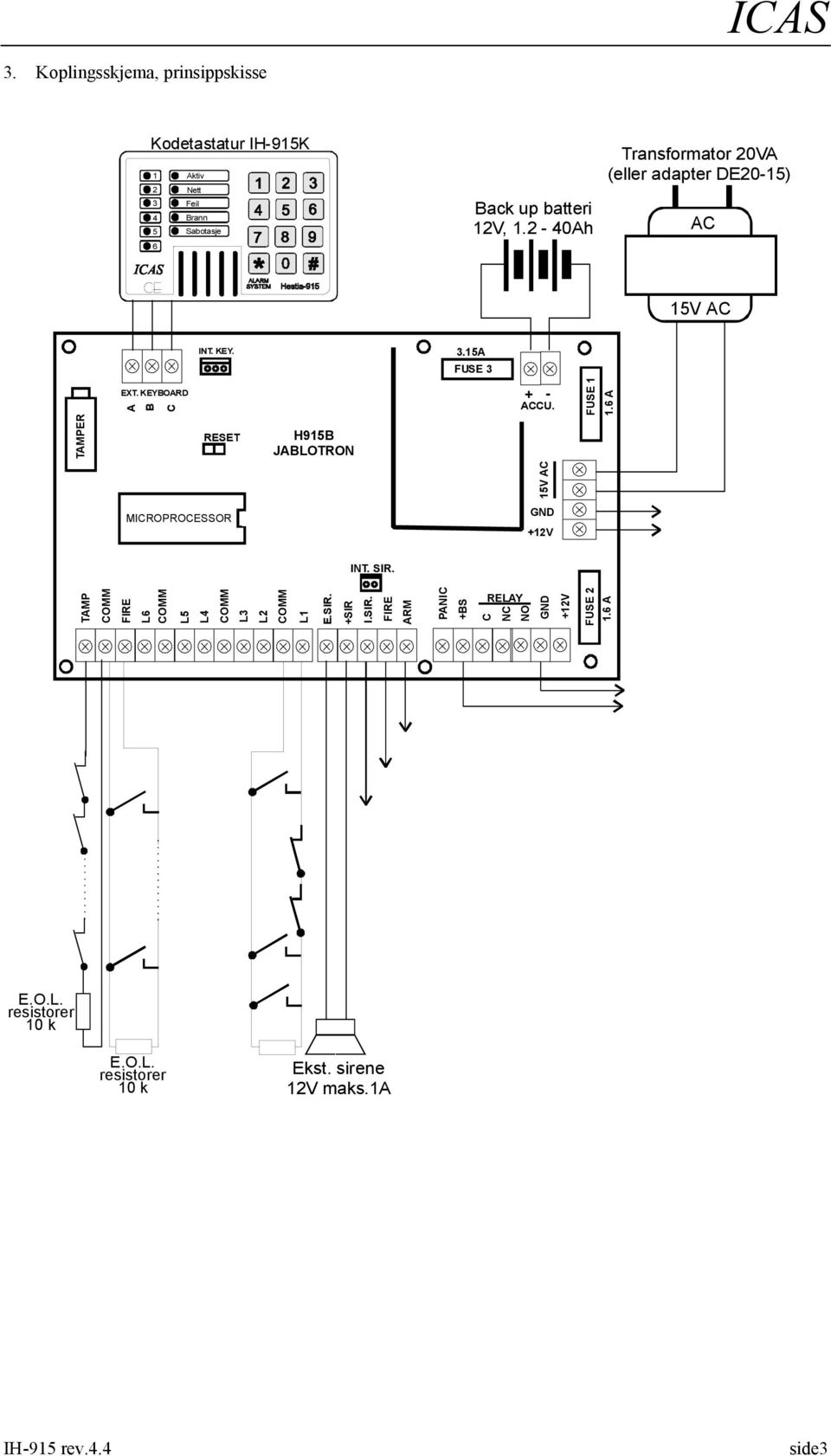 KEYBOARD A B C RESET MICROPROCESSOR COMM FIRE L6 COMM L5 L4 COMM L3 L2 H915B JABLOTRON COMM L1 E.SIR.