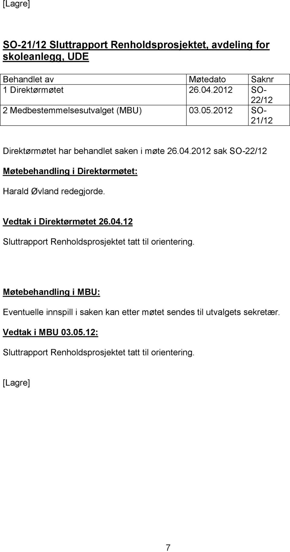 2012 sak 22/12 i Direktørmøtet: Harald Øvland redegjorde. i Direktørmøtet 26.04.