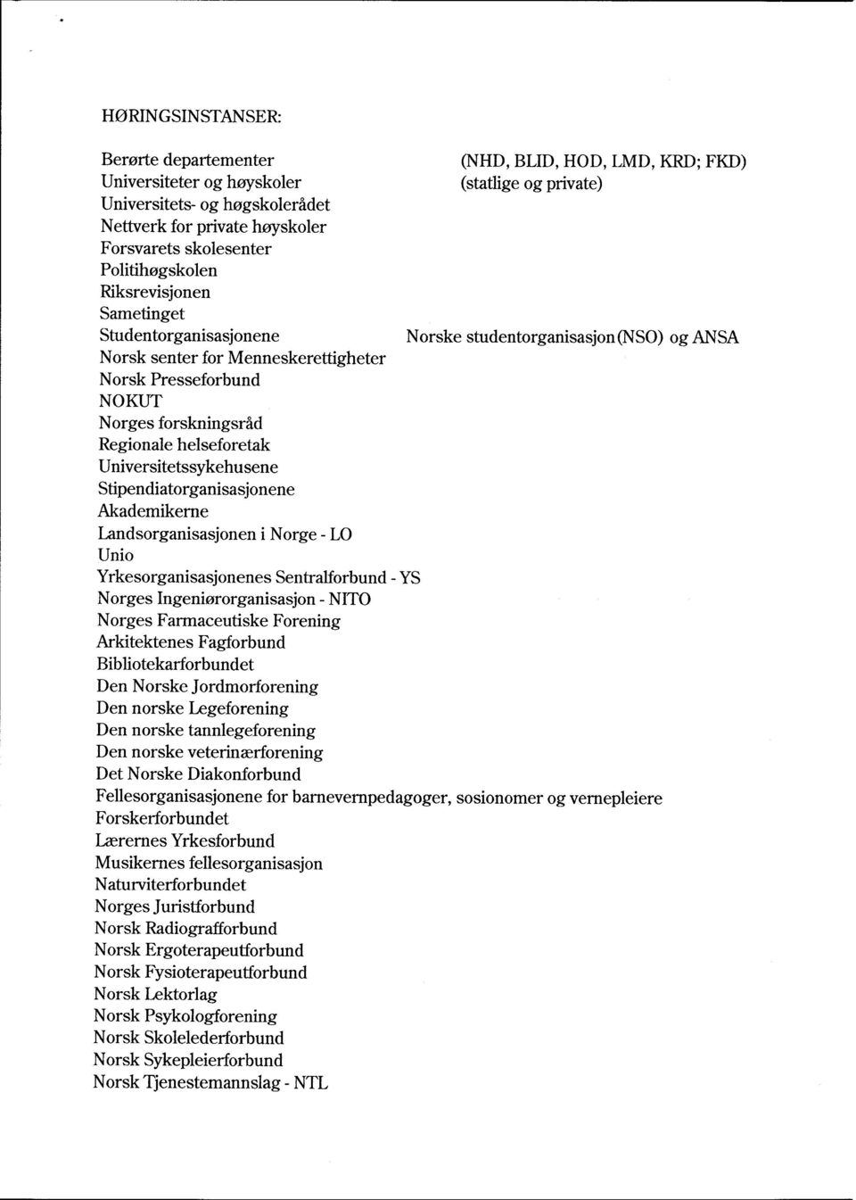 forskningsråd Regionale helseforetak Universitetssykehusene Stipendiatorganisasjonene Akademikerne Landsorganisasjonen i Norge - LO Unio Yrkesorganisasjonenes Sentralforbund - YS Norges