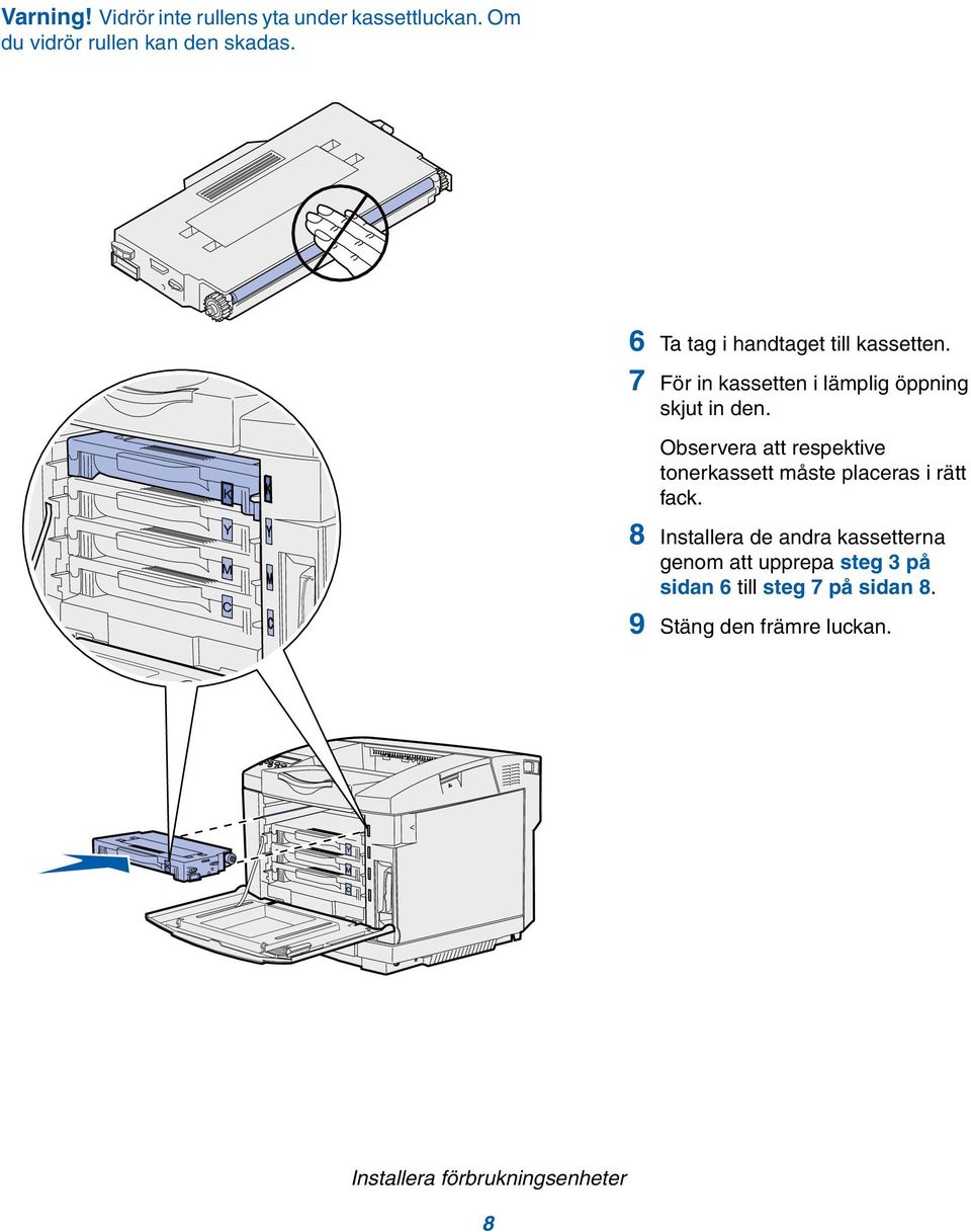 Observera att respektive tonerkassett måste placeras i rätt fack.