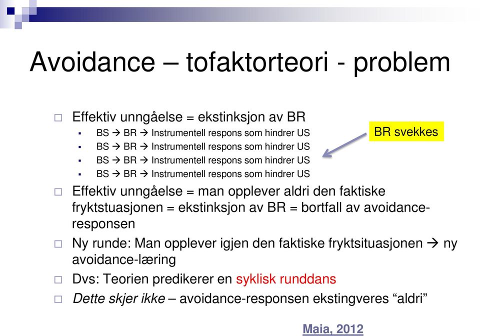 opplever aldri den faktiske fryktstuasjonen = ekstinksjon av BR = bortfall av avoidanceresponsen Ny runde: Man opplever igjen den faktiske