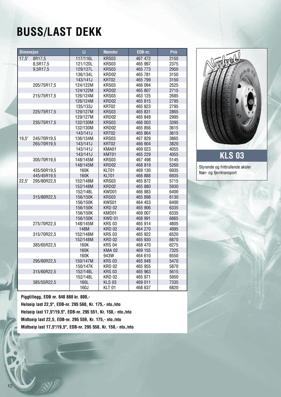 KRS03 466 094 2525 124/122M KRD02 465 807 2715 215/75R17,5 126/124M KRS03 463 125 2685 126/124M KRD02 465 815 2795 135/133J KRT02 465 823 2795 225/75R17,5 129/127M KRS03 465 831 2865 129/127M KRD02