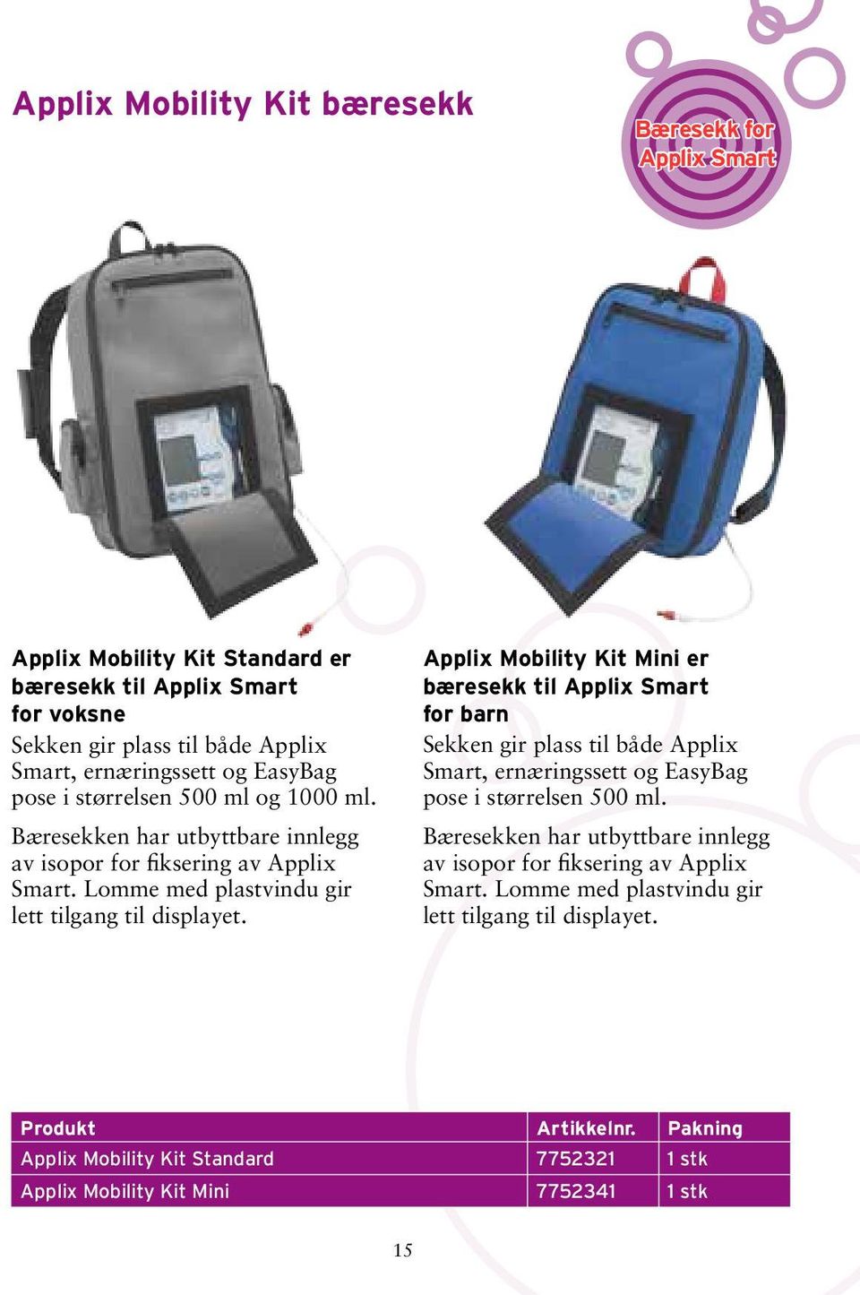 Applix Mobility Kit Mini er bæresekk til Applix Smart for barn Sekken gir plass til både Applix Smart, ernæringssett og EasyBag pose i størrelsen 500 ml.