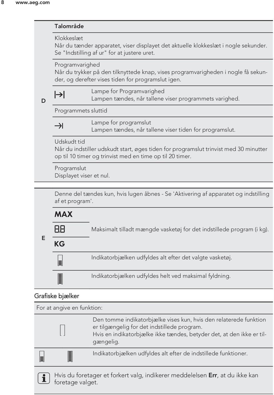 D Programmets sluttid Lampe for Programvarighed Lampen tændes, når tallene viser programmets varighed. Lampe for programslut Lampen tændes, når tallene viser tiden for programslut.