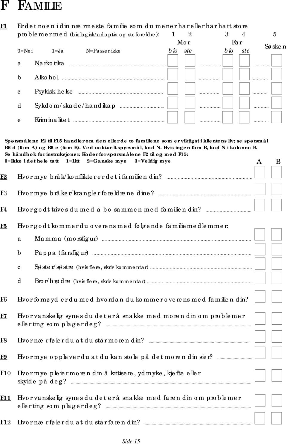 Ved uktuelt spørsmål, kod N. Hvis ingen fm B, kod N i kolonne B. Se håndok for instruksjoner.