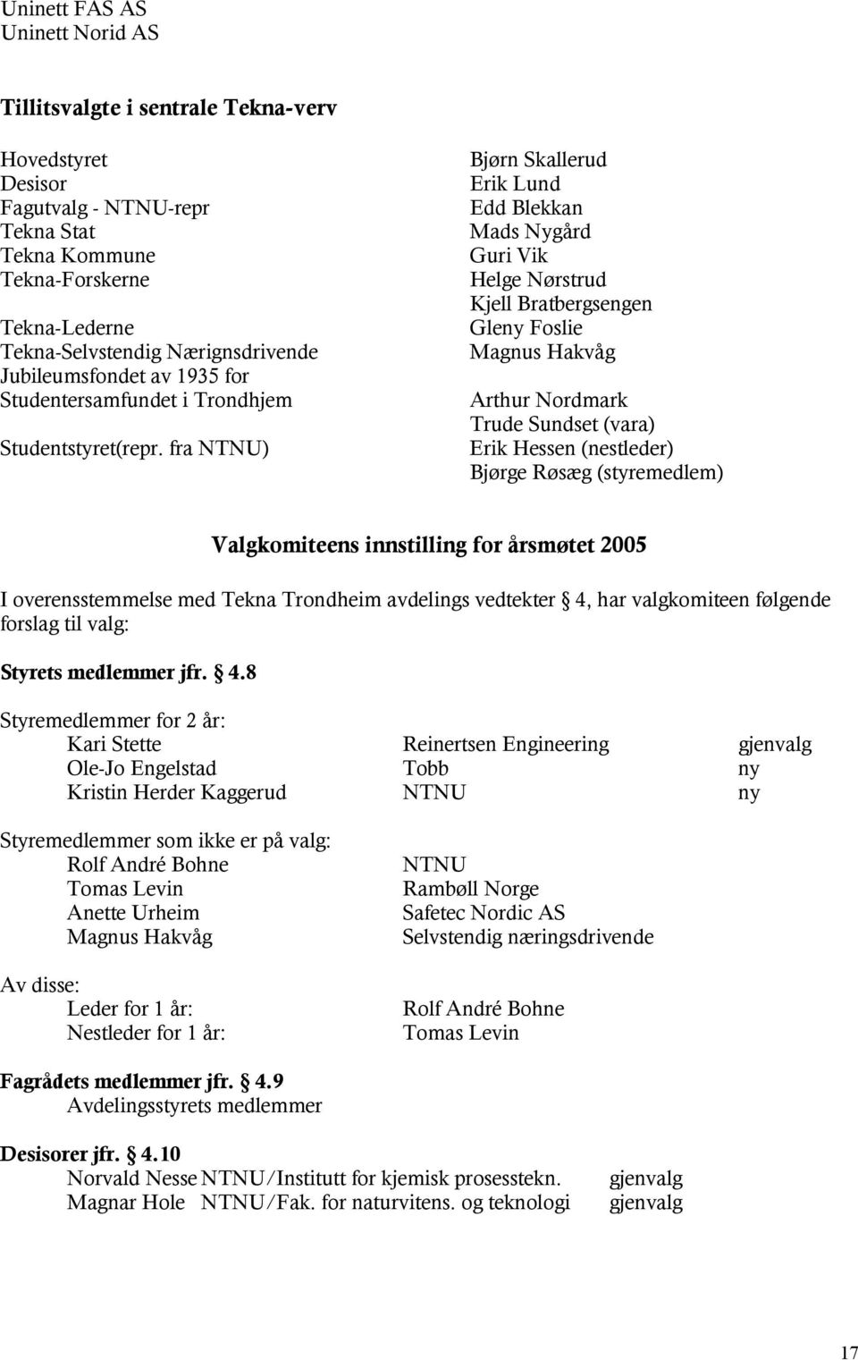 fra NTNU) Bjørn Skallerud Erik Lund Edd Blekkan Mads Nygård Guri Vik Helge Nørstrud Kjell Bratbergsengen Gleny Foslie Magnus Hakvåg Arthur Nordmark Trude Sundset (vara) Erik Hessen (nestleder) Bjørge