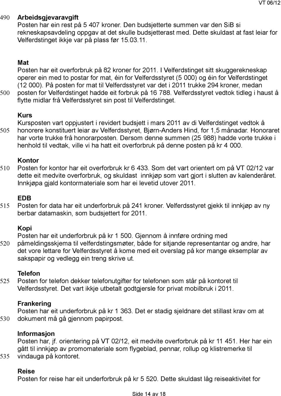 I Velferdstinget sitt skuggerekneskap operer ein med to postar for mat, éin for Velferdsstyret (5 000) og éin for Velferdstinget (12 000).