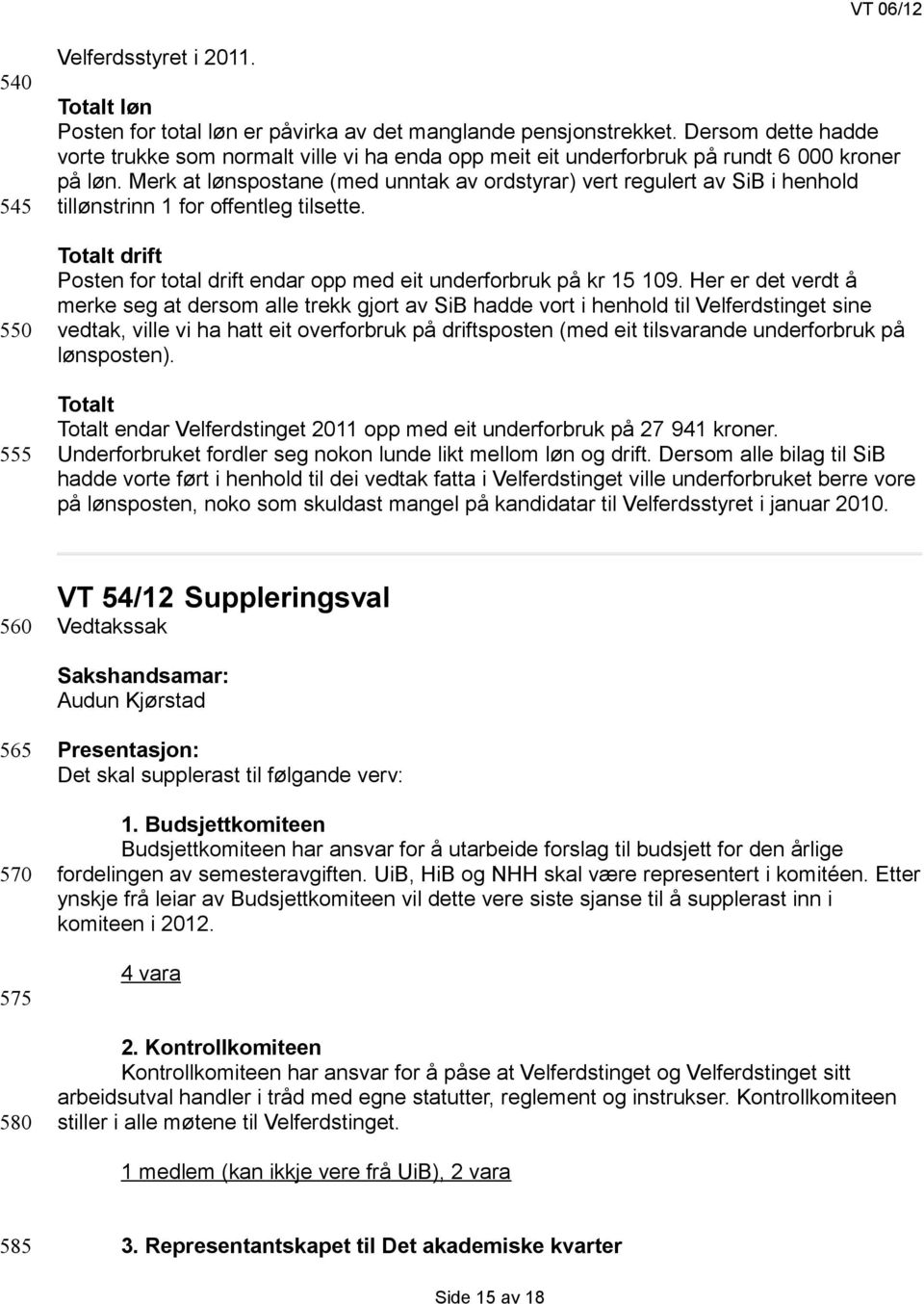 Merk at lønspostane (med unntak av ordstyrar) vert regulert av SiB i henhold tillønstrinn 1 for offentleg tilsette. Totalt drift Posten for total drift endar opp med eit underforbruk på kr 15 109.