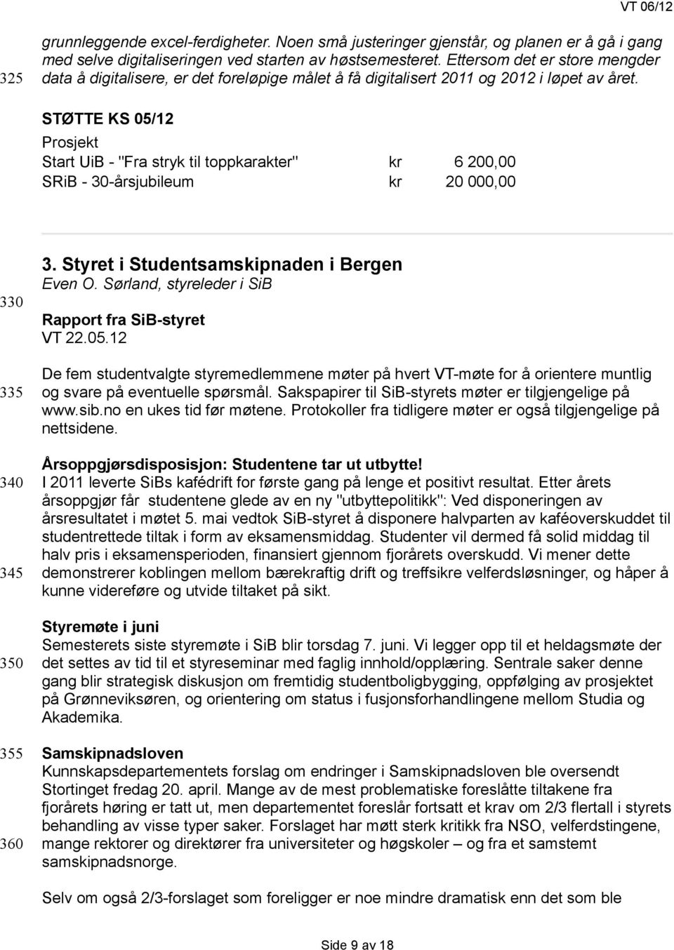 STØTTE KS 05/12 Prosjekt Start UiB - "Fra stryk til toppkarakter" kr 6 200,00 SRiB - 30-årsjubileum kr 20 000,00 330 335 340 345 350 355 360 3. Styret i Studentsamskipnaden i Bergen Even O.