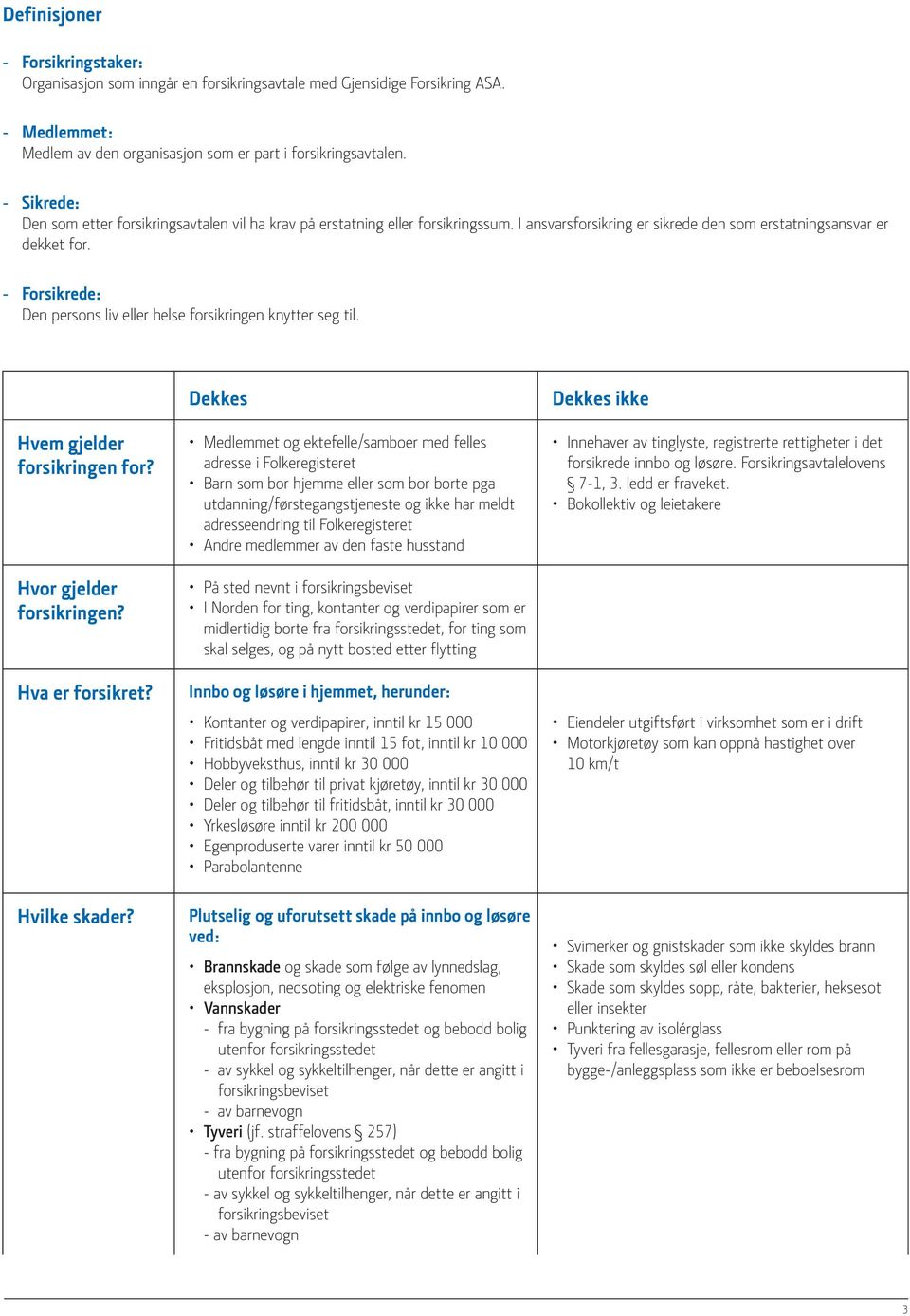 - Forsikrede: Den persons liv eller helse forsikringen knytter seg til. Hvem gjelder forsikringen for? Hvor gjelder forsikringen? Hva er forsikret? Hvilke skader?