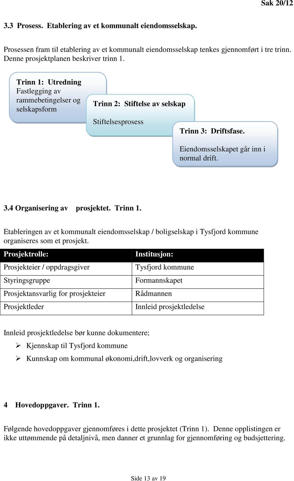 Trinn 1. Etableringen av et kommunalt eiendomsselskap / boligselskap i Tysfjord kommune organiseres som et prosjekt.