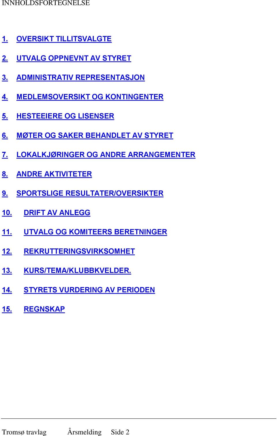 LOKALKJØRINGER OG ANDRE ARRANGEMENTER 8. ANDRE AKTIVITETER 9. SPORTSLIGE RESULTATER/OVERSIKTER 10. DRIFT AV ANLEGG 11.