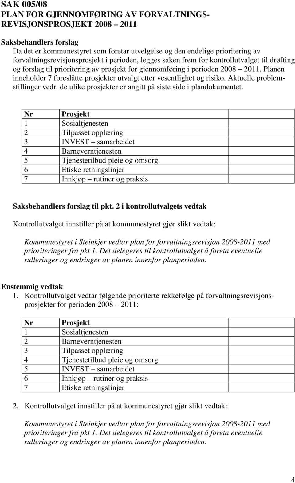 Planen inneholder 7 foreslåtte prosjekter utvalgt etter vesentlighet og risiko. Aktuelle problemstillinger vedr. de ulike prosjekter er angitt på siste side i plandokumentet.