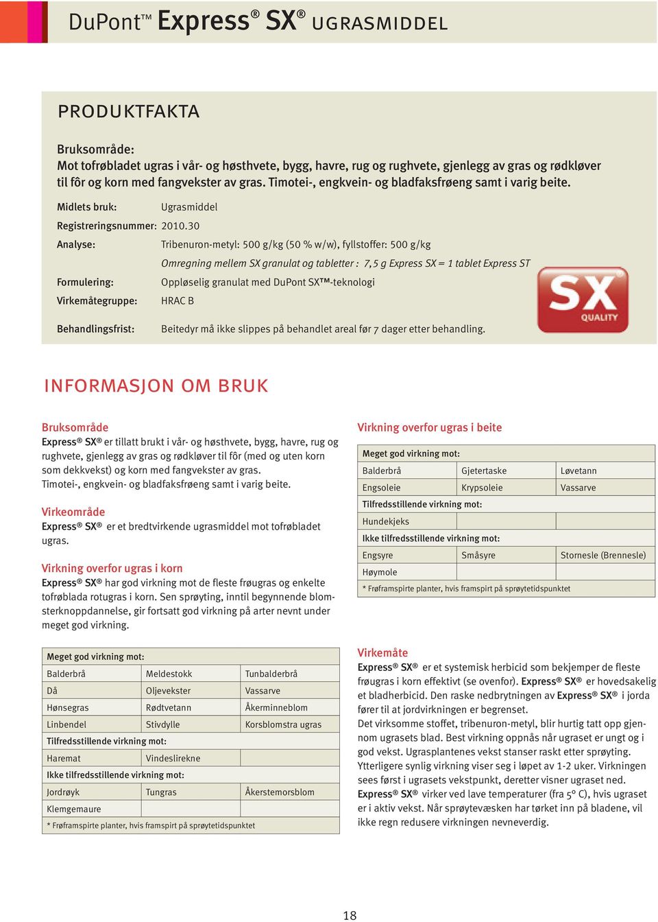 30 Analyse: Tribenuron-metyl: 500 g/kg (50 % w/w), fyllstoffer: 500 g/kg Omregning mellem SX granulat og tabletter : 7,5 g Express SX = 1 tablet Express ST Formulering: Oppløselig granulat med DuPont