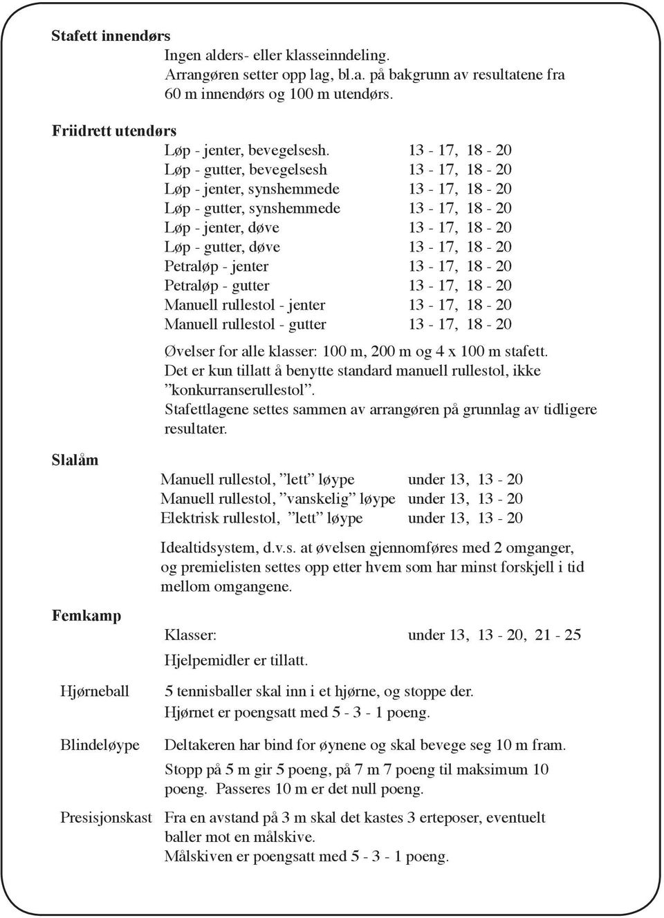 Petraløp - jenter 13-17, 18-20 Petraløp - gutter 13-17, 18-20 Manuell rullestol - jenter 13-17, 18-20 Manuell rullestol - gutter 13-17, 18-20 Øvelser for alle klasser: 100 m, 200 m og 4 x 100 m