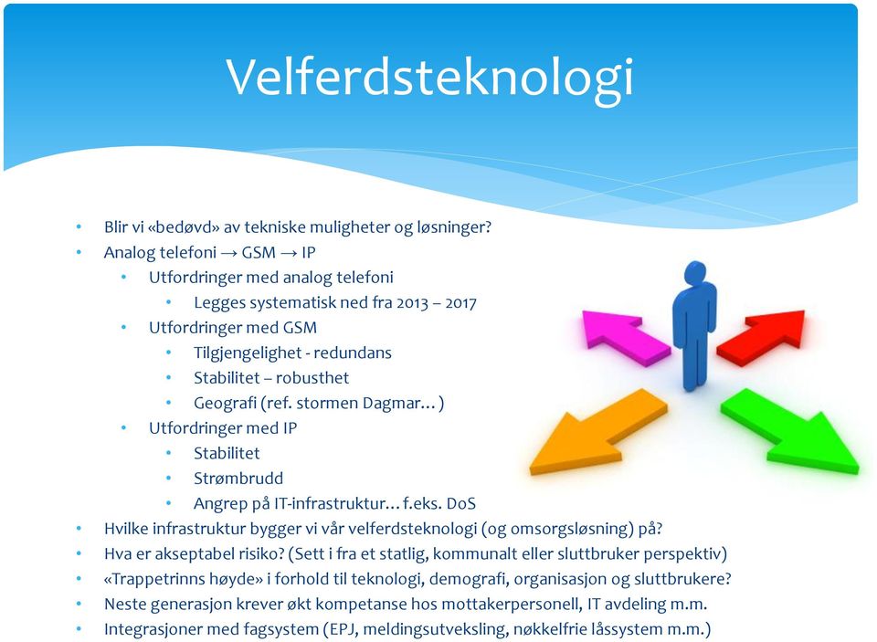 stormen Dagmar ) Utfordringer med IP Stabilitet Strømbrudd Angrep på IT-infrastruktur f.eks. DoS Hvilke infrastruktur bygger vi vår velferdsteknologi (og omsorgsløsning) på?