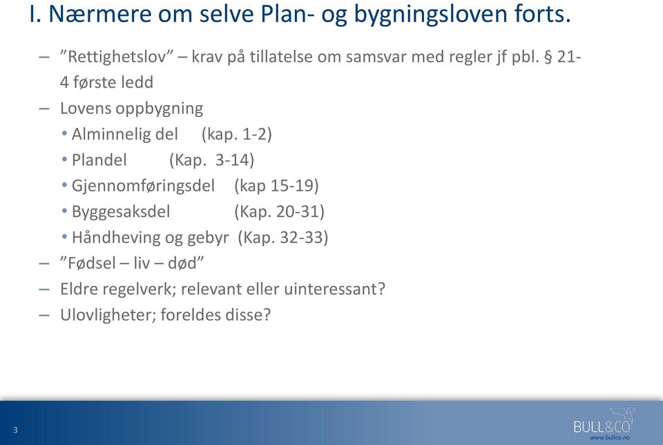 21-4 første ledd Lovens oppbygning Alminnelig del (kap. 1-2) Plandel (Kap.