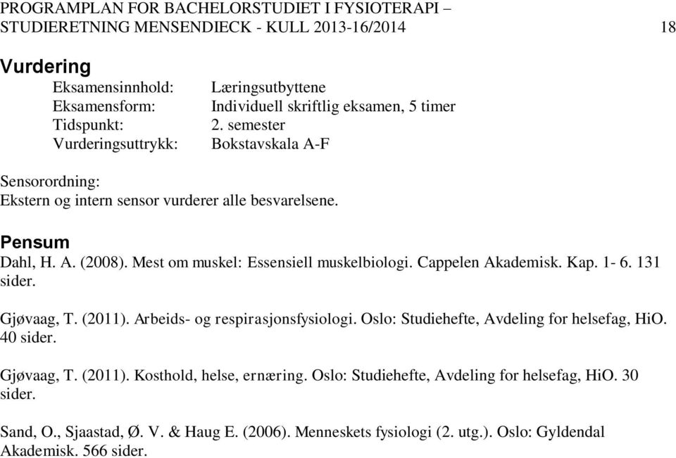 Cappelen Akademisk. Kap. 1-6. 131 sider. Gjøvaag, T. (2011). Arbeids- og respirasjonsfysiologi. Oslo: Studiehefte, Avdeling for helsefag, HiO. 40 sider. Gjøvaag, T. (2011). Kosthold, helse, ernæring.