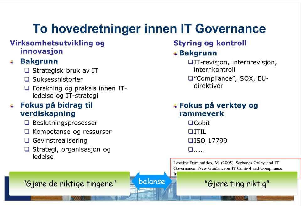 kontroll Bakgrunn IT-revisjon, internrevisjon, internkontroll Compliance, SOX, EUdirektiver Fokus på verktøy og rammeverk Cobit ITIL ISO 17799 Lesetips:Damianides, M. (2005).