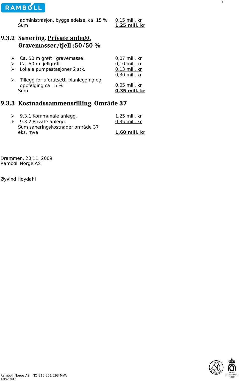 kr Tillegg for uforutsett, planlegging og oppfølging ca 15 % 0,05 mill. kr 0,35 mill. kr 9.3.3 Kostnadssammenstilling. Område 37 9.3.1 Kommunale anlegg.