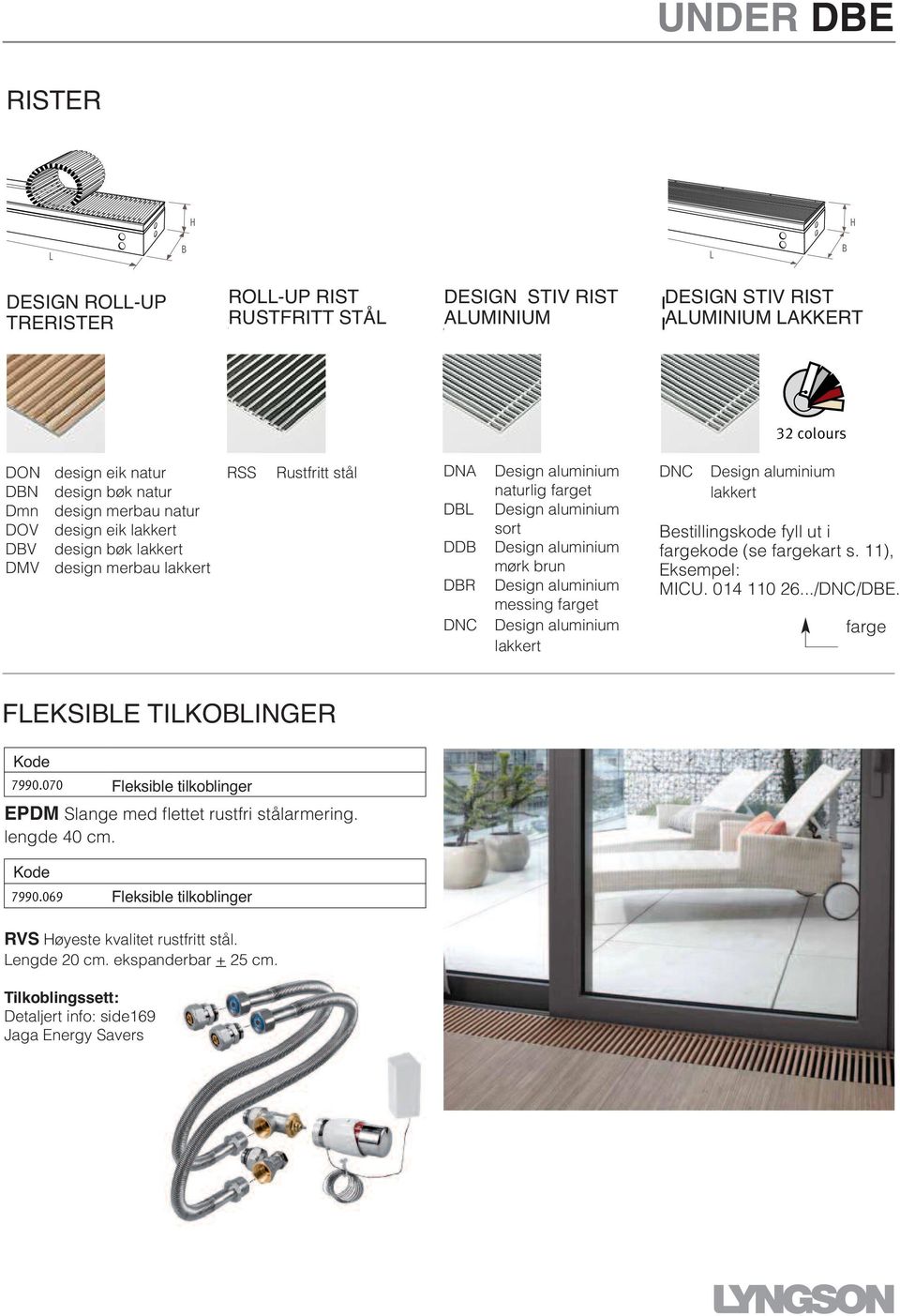 DBR DNC naturlig farget sort mørk brun messing farget lakkert DNC lakkert Bestillingskode fyll ut i fargekode (se fargekart s. 11), Eksempel: MICU. 014 110 26.../DNC/DBE.