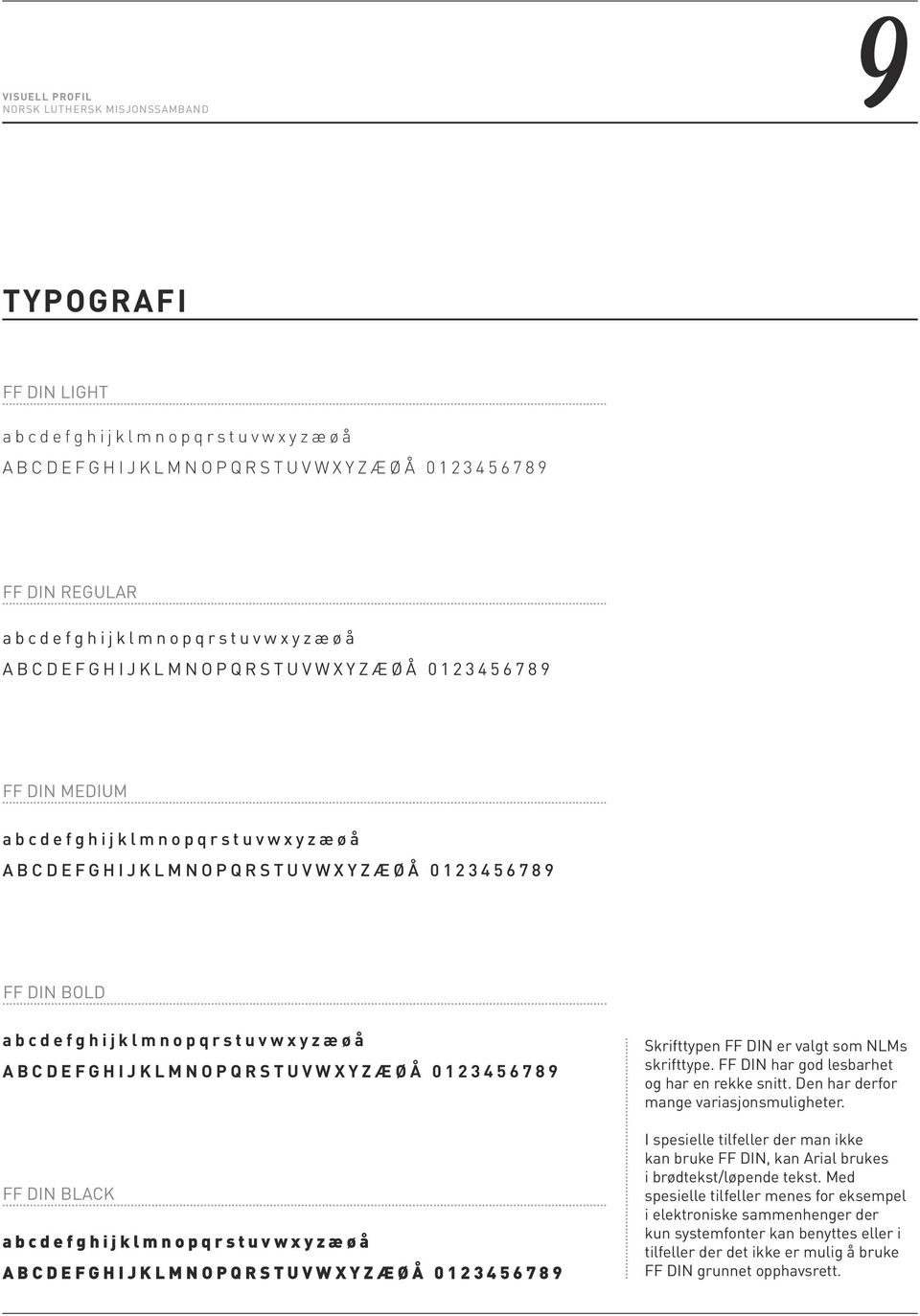 abcdefghijklmnopqrstuvwxyzæøå ABCDEFGHIJKLMNOPQRSTUVWXYZÆØÅ 0123456789 Skrifttypen FF DIN er valgt som NLMs skrifttype. FF DIN har god lesbarhet og har en rekke snitt.