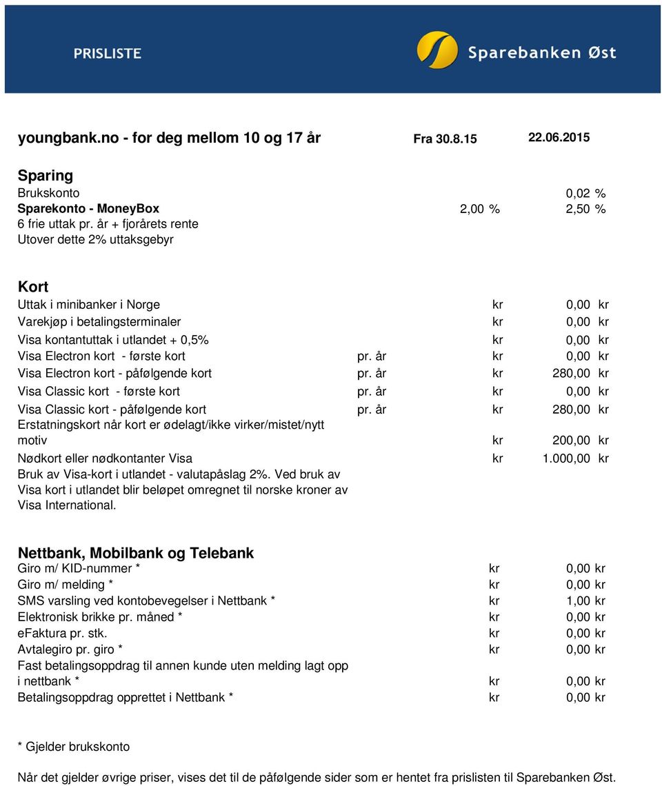 - første kort pr. år kr 0,00 kr Visa Electron kort - påfølgende kort pr. år kr 280,00 kr Visa Classic kort - første kort pr. år kr 0,00 kr Visa Classic kort - påfølgende kort pr.