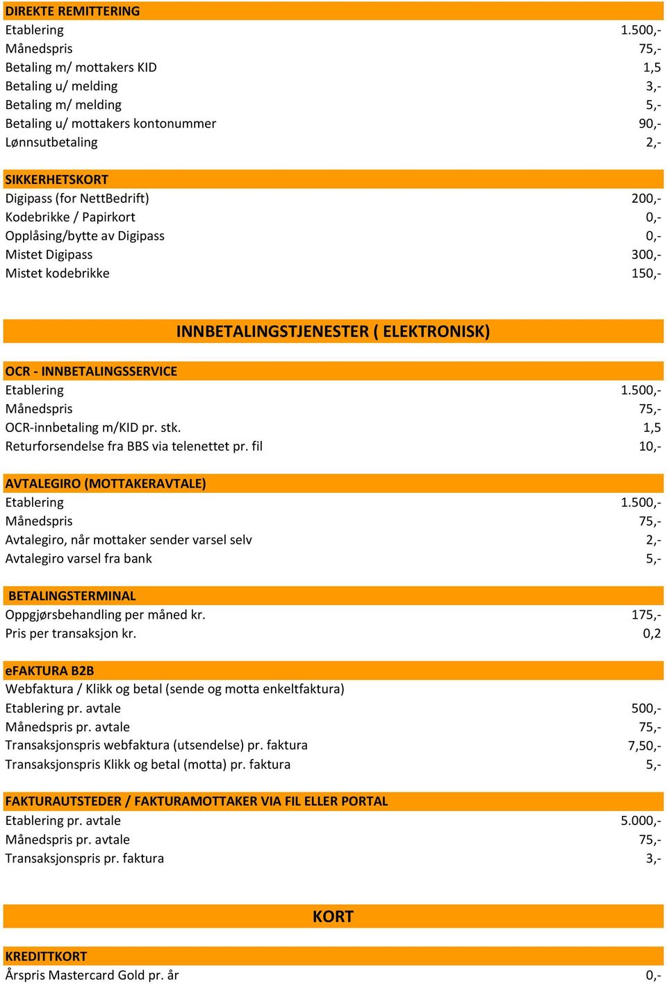 NettBedrift) 200,- Kodebrikke / Papirkort 0,- Opplåsing/bytte av Digipass 0,- Mistet Digipass 300,- Mistet kodebrikke 150,- INNBETALINGSTJENESTER ( ELEKTRONISK) OCR - INNBETALINGSSERVICE Etablering 1.