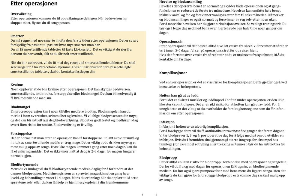 Du vil fa smertestillende tabletter til faste klokkeslett. Det er viktig at du sier fra dersom du har vondt, slik at du fa r nok smertestillende.