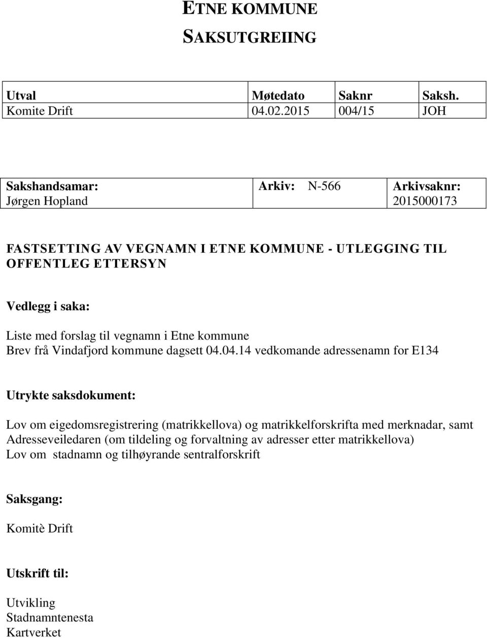saka: Liste med forslag til vegnamn i Etne kommune Brev frå Vindafjord kommune dagsett 04.