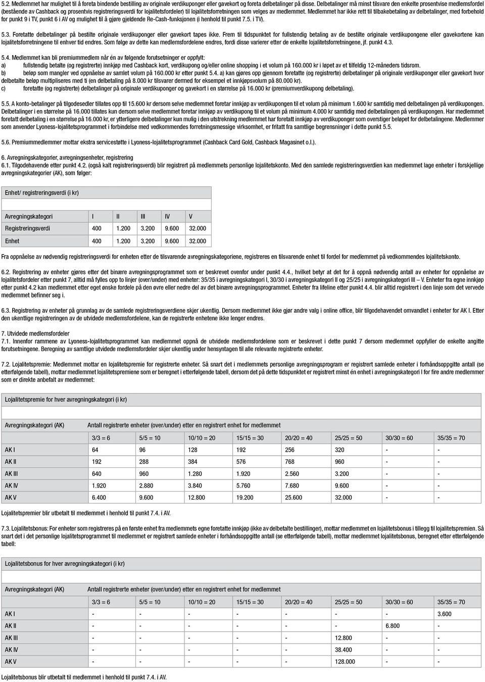 medlemmet. Medlemmet har ikke rett til tilbakebetaling av delbetalinger, med forbehold for punkt 9 i TV, punkt 6 i AV og mulighet til å gjøre gjeldende Re-Cash-funksjonen (i henhold til punkt 7.5.