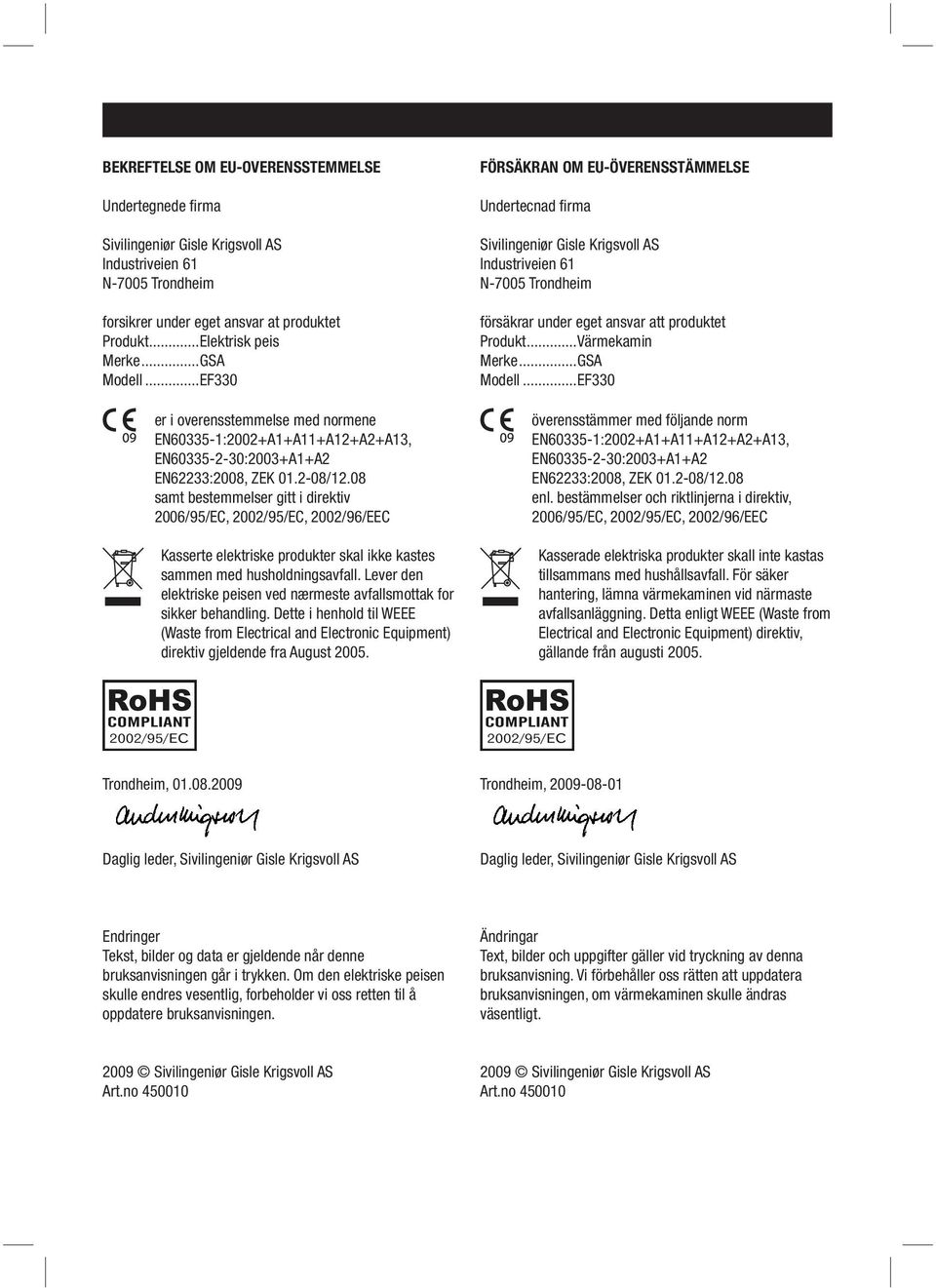 08 samt bestemmelser gitt i direktiv 2006/95/EC, 2002/95/EC, 2002/96/EEC Kasserte elektriske produkter skal ikke kastes sammen med husholdningsavfall.