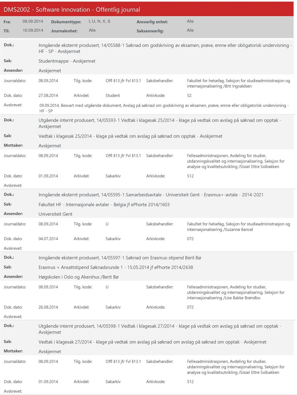 09.2014, Besvart med utgående dokument, Avslag på søknad om godskriving av eksamen, prøve, emne eller obligatorisk undervisning - HF - SP tgående internt produsert, 14/05593-1 Vedtak i klagesak