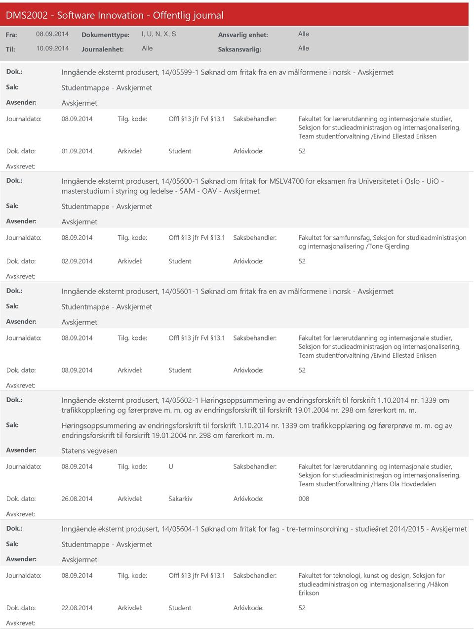 2014 Arkivdel: Student Inngående eksternt produsert, 14/05600-1 Søknad om fritak for MSLV4700 for eksamen fra niversitetet i Oslo - io - masterstudium i styring og ledelse - SAM - OAV - Studentmappe