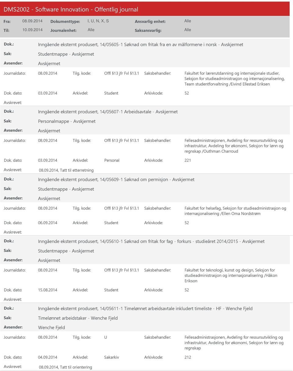 2014 Arkivdel: Student Inngående eksternt produsert, 14/05607-1 Arbeidsavtale - Personalmappe - regnskap /Outhman Charroud Dok. dato: 03.09.