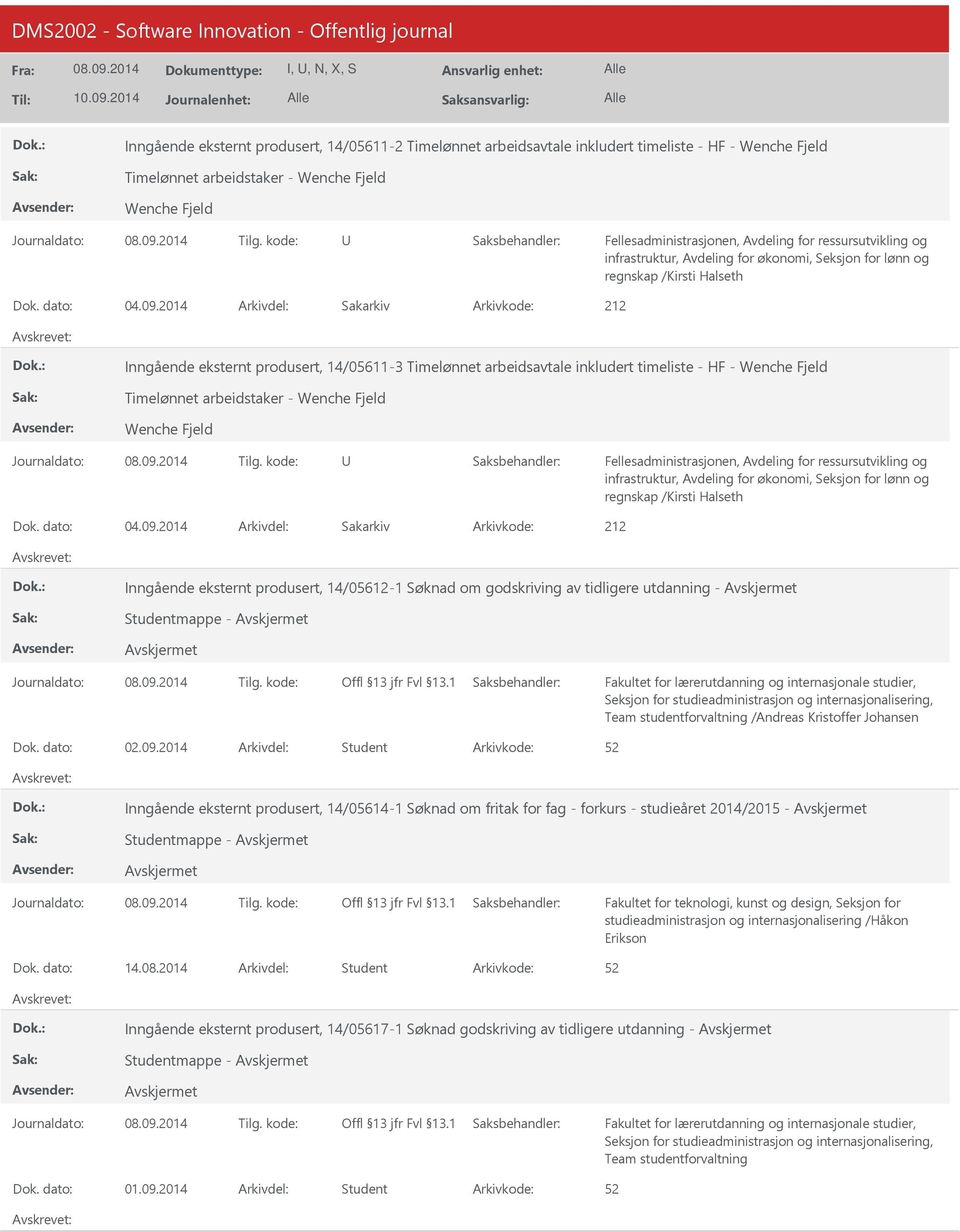 2014 Arkivdel: Sakarkiv Inngående eksternt produsert, 14/05611-3 Timelønnet arbeidsavtale inkludert timeliste - HF - Wenche Fjeld Timelønnet arbeidstaker - Wenche Fjeld Wenche Fjeld regnskap /Kirsti