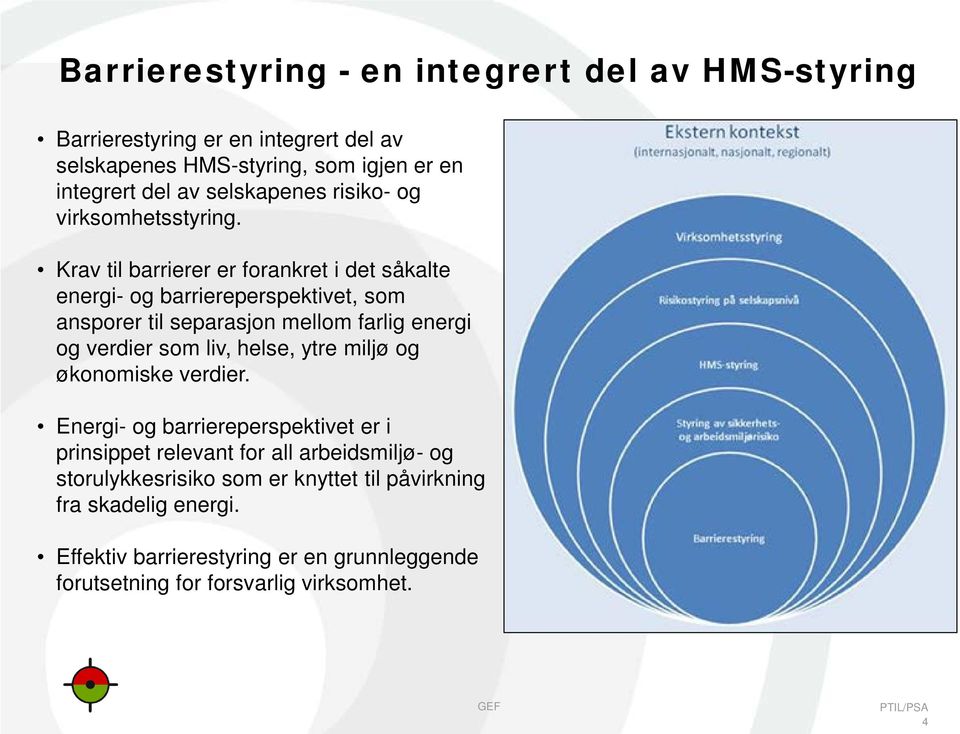 Krav til barrierer er forankret i det såkalte energi- og barriereperspektivet, som ansporer til separasjon mellom farlig energi og verdier som liv,