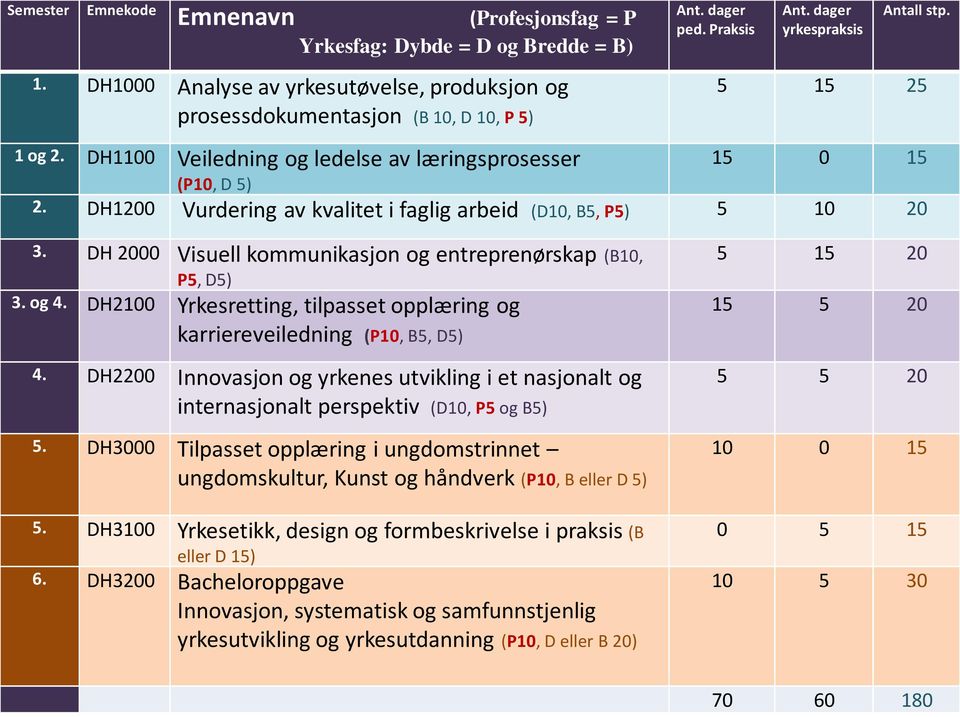 DH 2000 Visuell kommunikasjon og entreprenørskap (B10, P5, D5) 3. og 4. DH2100 Yrkesretting, tilpasset opplæring og karriereveiledning (P10, B5, D5) 4.