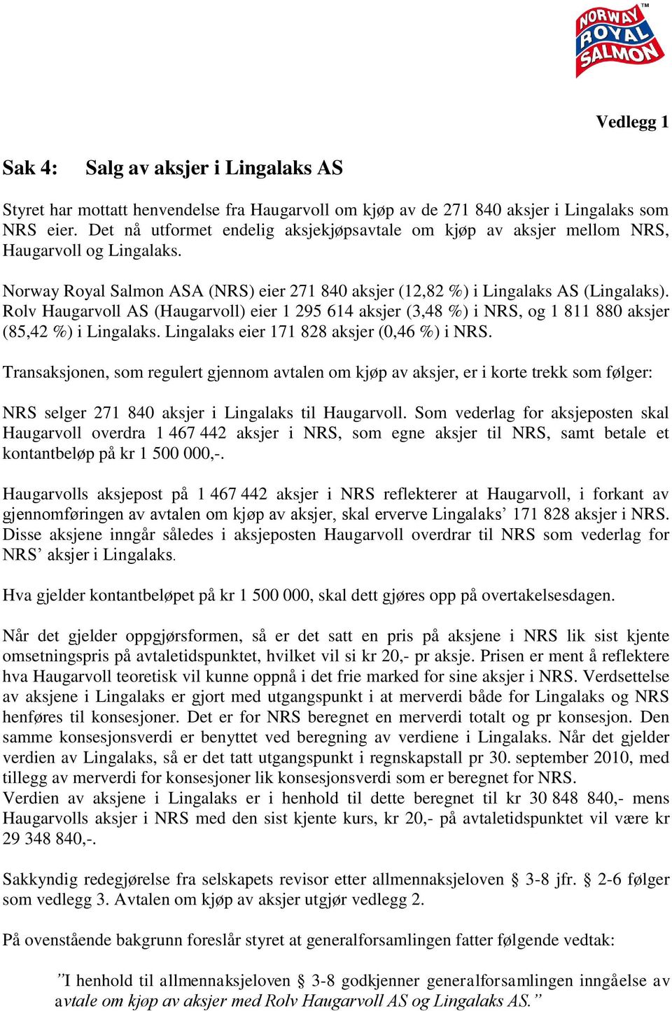 Rolv Haugarvoll AS (Haugarvoll) eier 1 295 614 aksjer (3,48 %) i NRS, og 1 811 880 aksjer (85,42 %) i Lingalaks. Lingalaks eier 171 828 aksjer (0,46 %) i NRS.