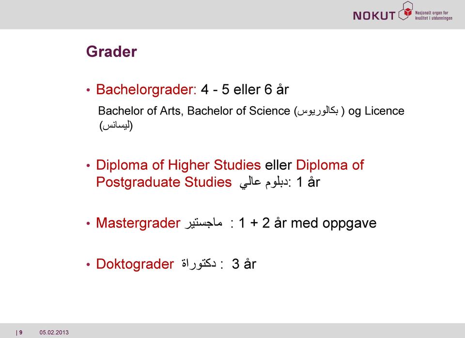 Studies eller Diploma of Postgraduate Studies :دبلوم عالي 1 år