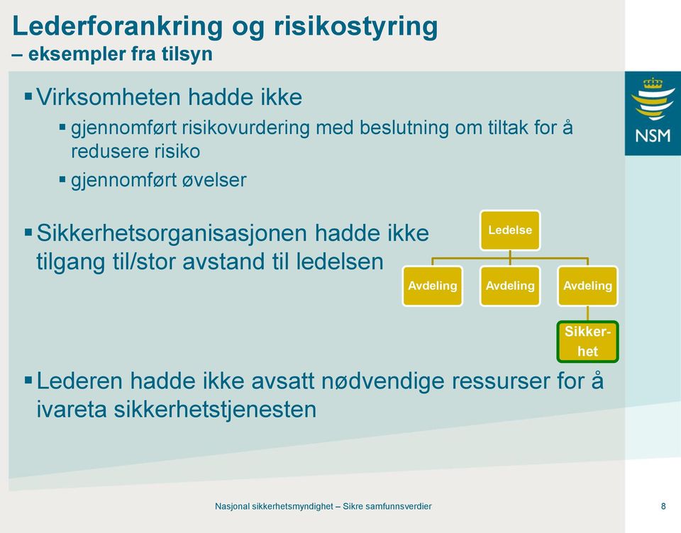 tilgang til/stor avstand til ledelsen Ledelse Avdeling Avdeling Avdeling Sikker- Lederen hadde ikke avsatt