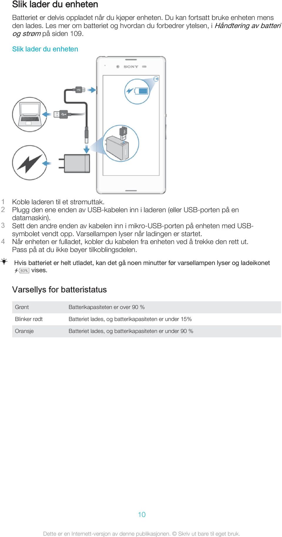 2 Plugg den ene enden av USB-kabelen inn i laderen (eller USB-porten på en datamaskin). 3 Sett den andre enden av kabelen inn i mikro-usb-porten på enheten med USBsymbolet vendt opp.